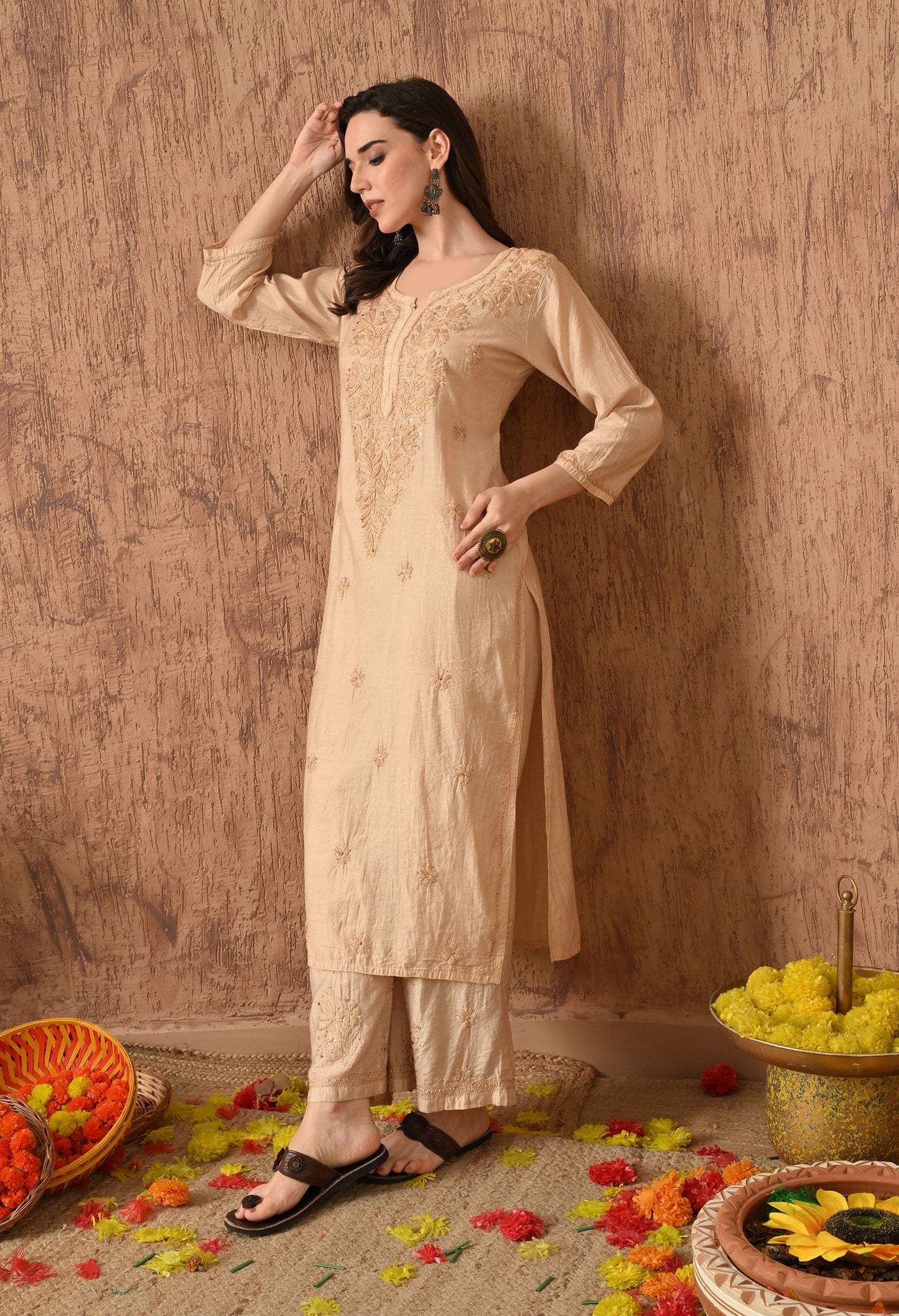 Anam chanderi silk chikankari set with Palazzo