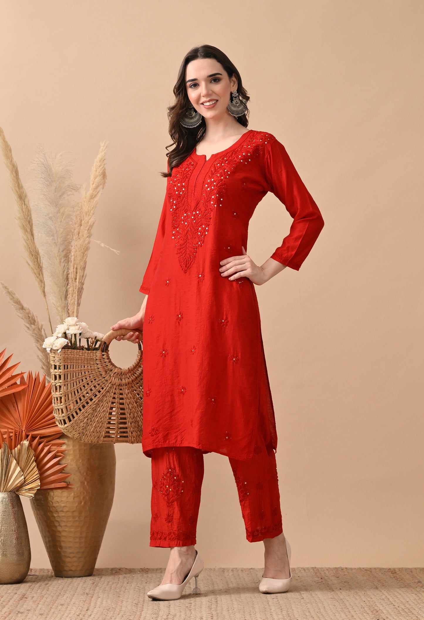 Anam chanderi silk chikankari set with pants