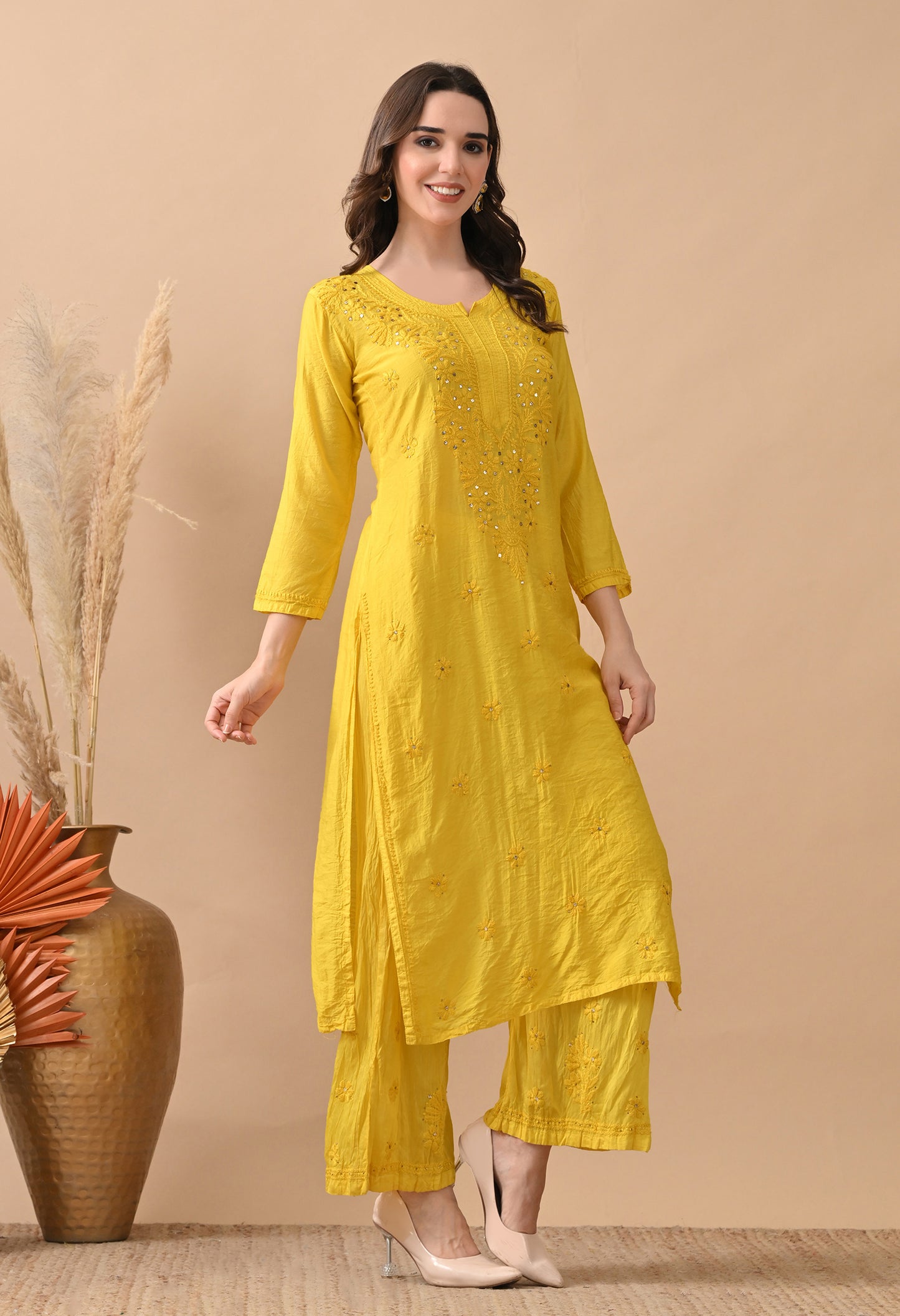 Anam Chanderi silk chikankari set with Palazzo