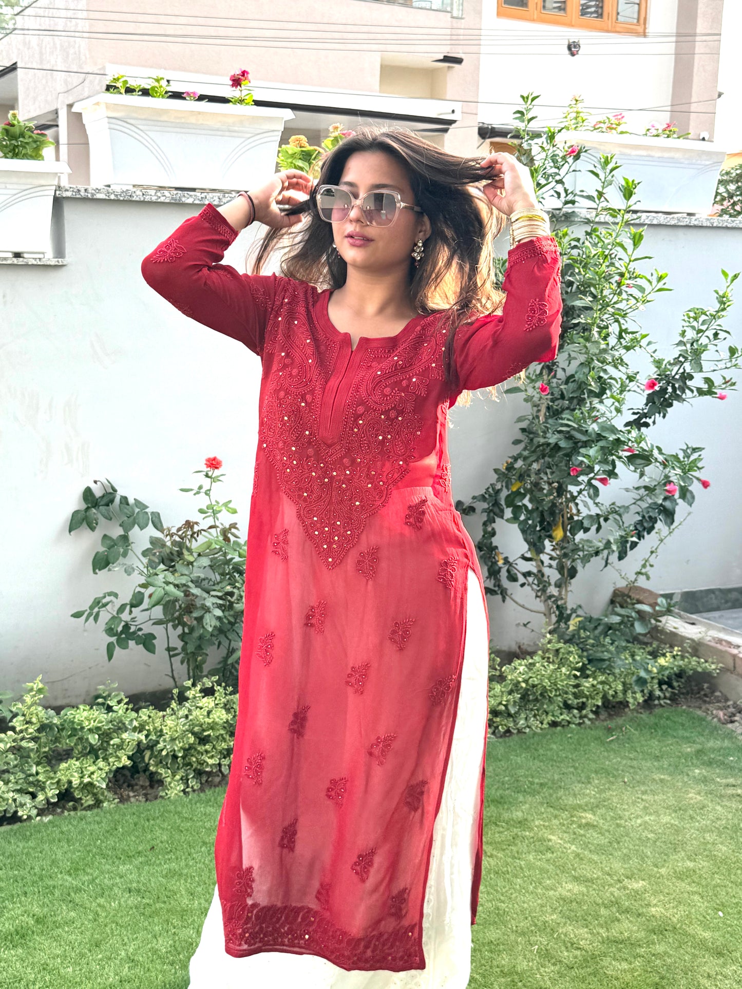 Alankriti Viscose Georgette Chikankari Kurti with Mukaish