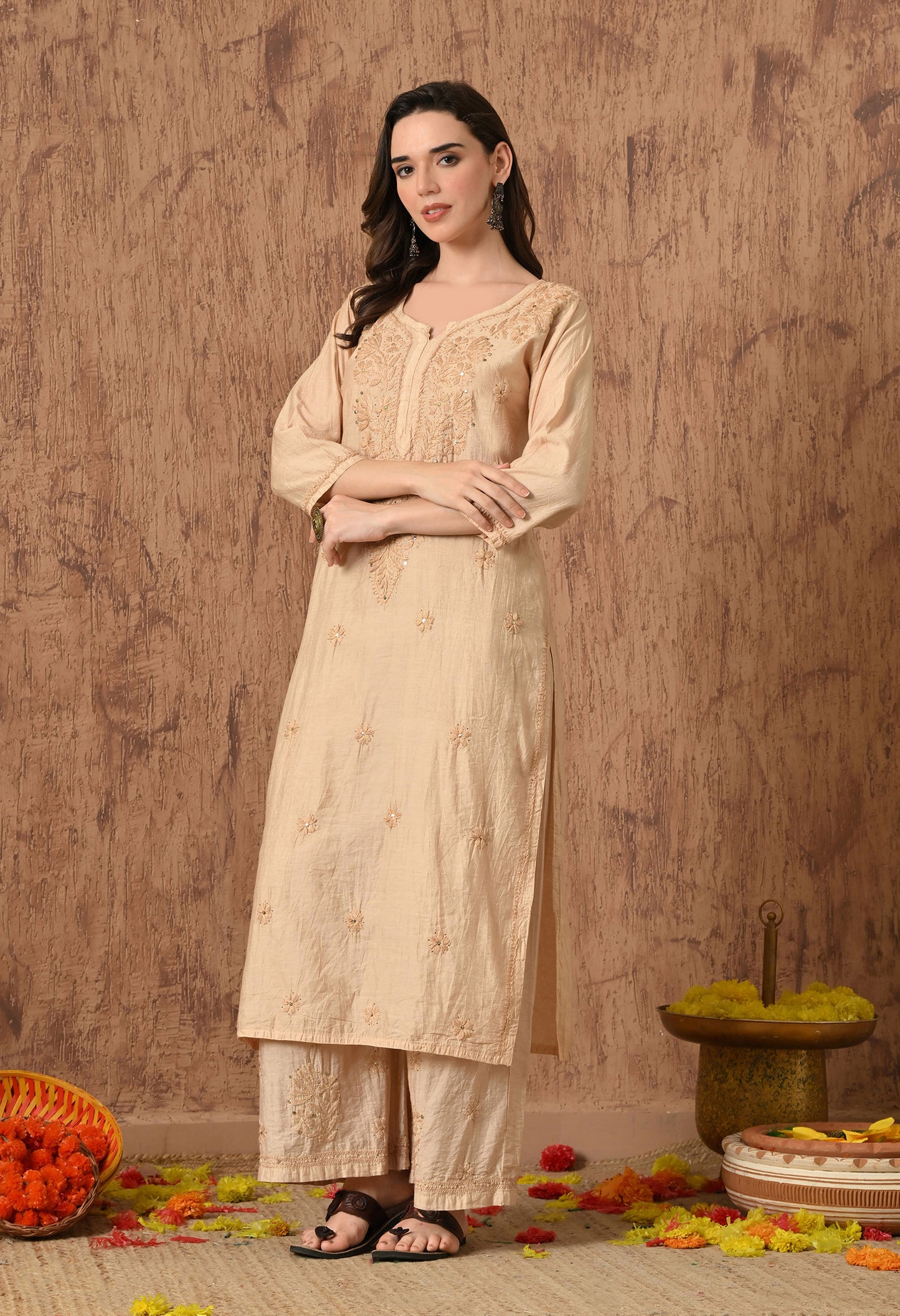 Anam chanderi silk chikankari set with Palazzo