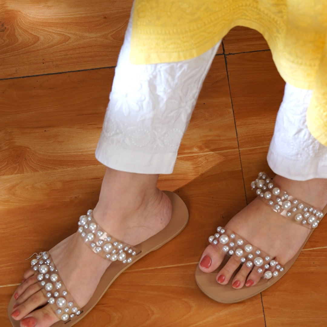 White Cotton Lycra Chikankari Pants
