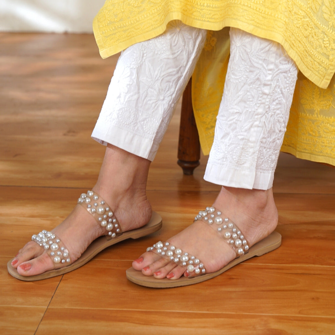 White Cotton Lycra Chikankari Pants