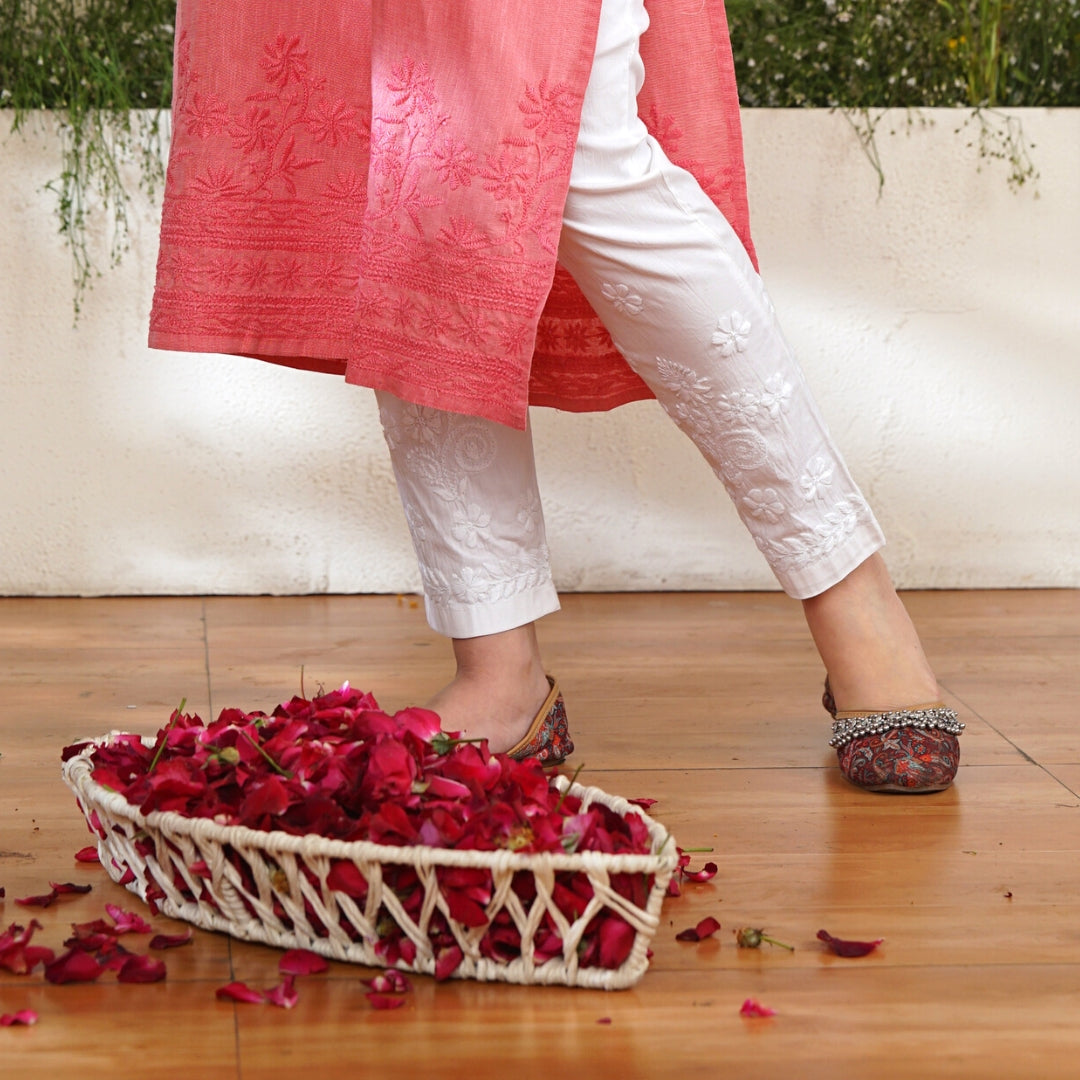 White Cotton Lycra Chikankari Pants