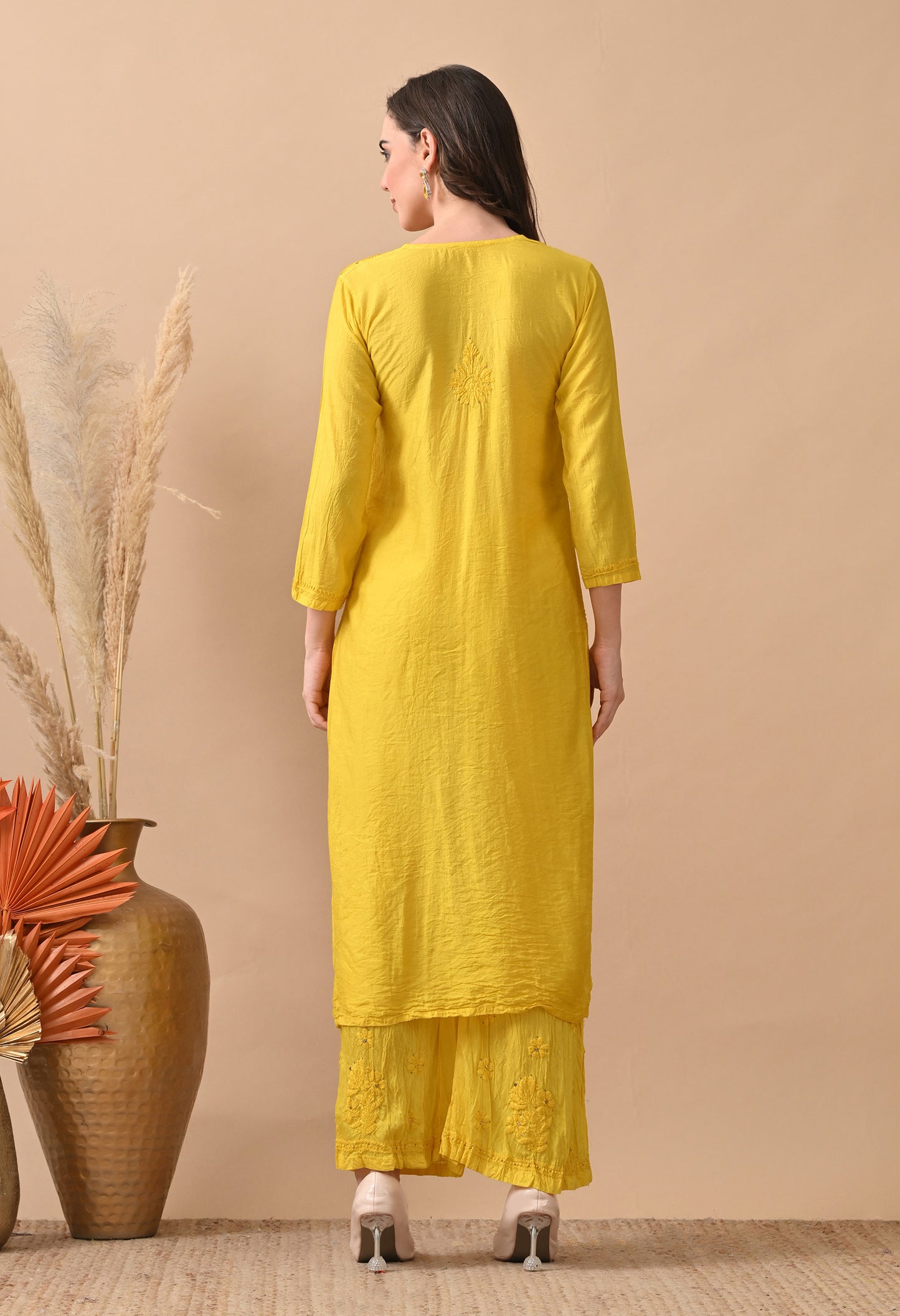 Anam Chanderi silk chikankari set with Palazzo