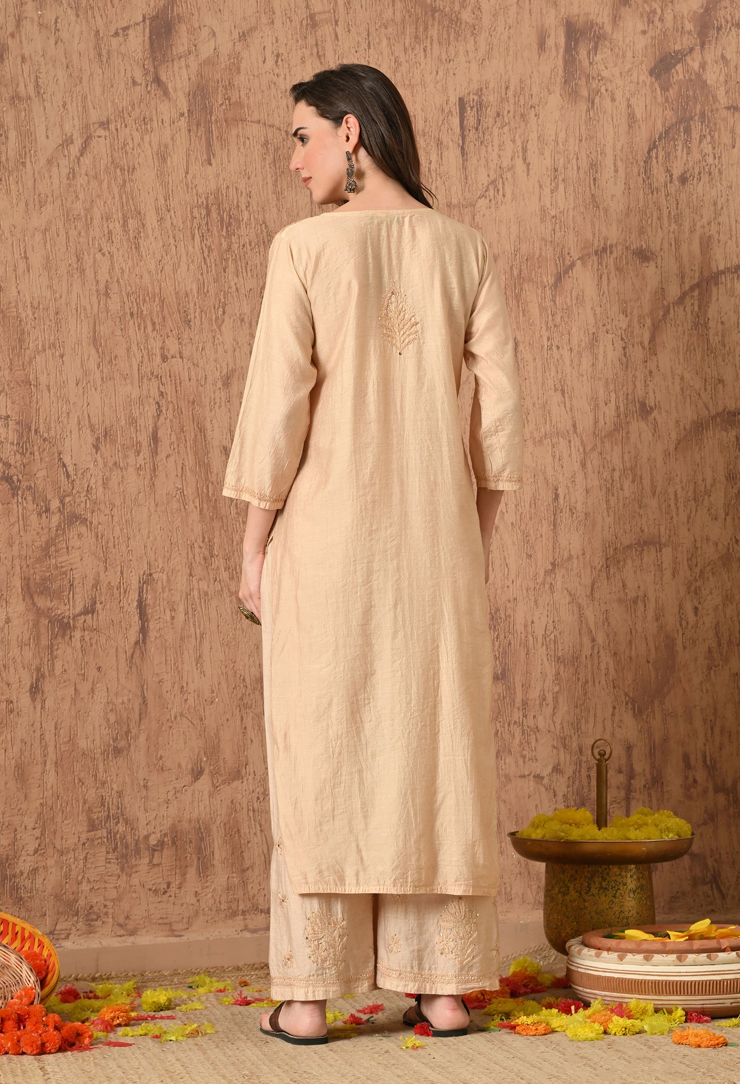 Anam chanderi silk chikankari set with Palazzo