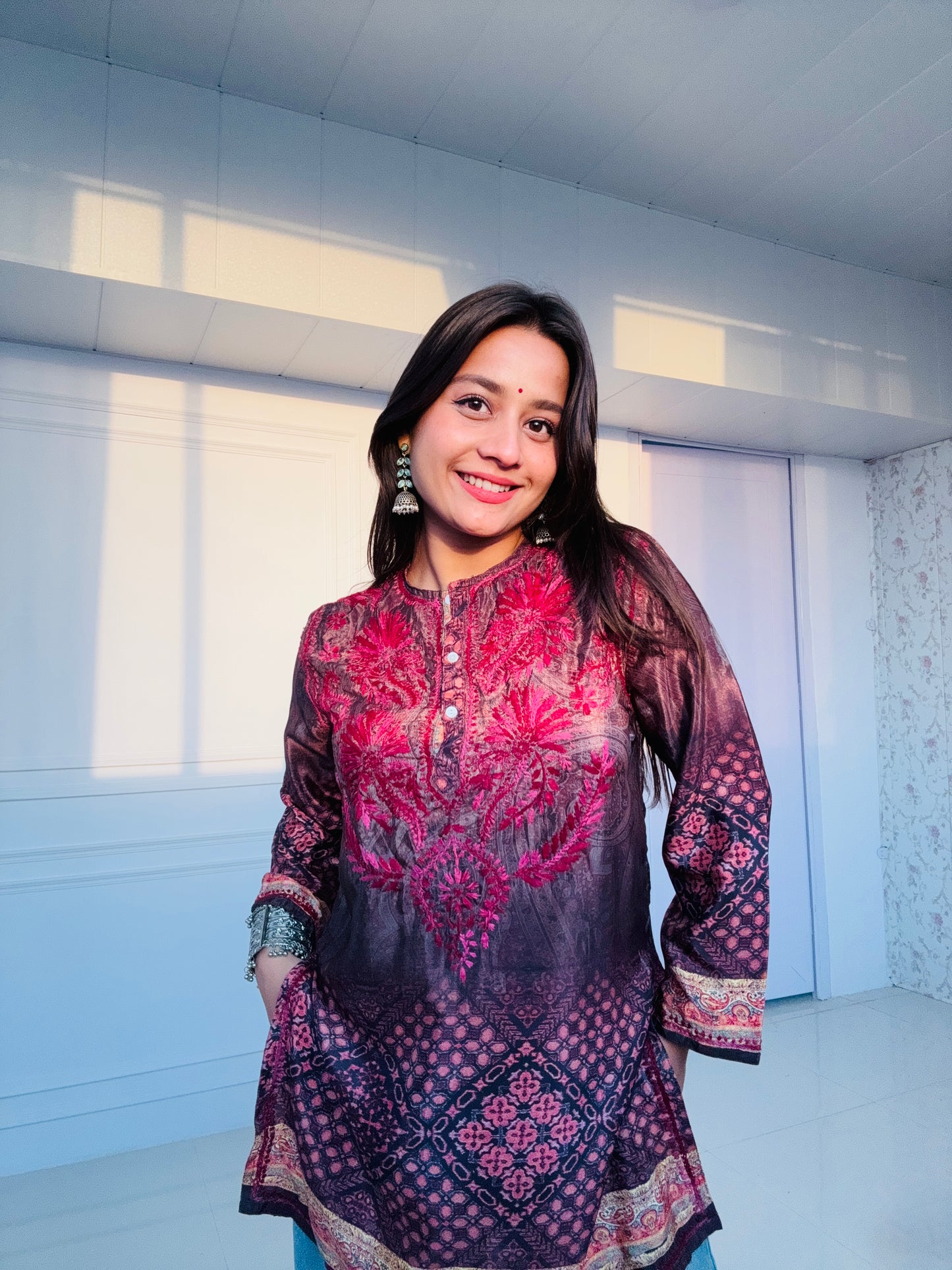Aira Poly Silk Short Chikankari Kurti