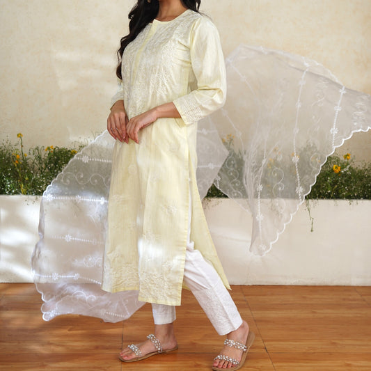 White Cotton Lycra Chikankari Pants