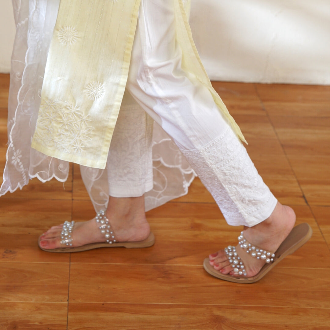 White Cotton Lycra Chikankari Pants