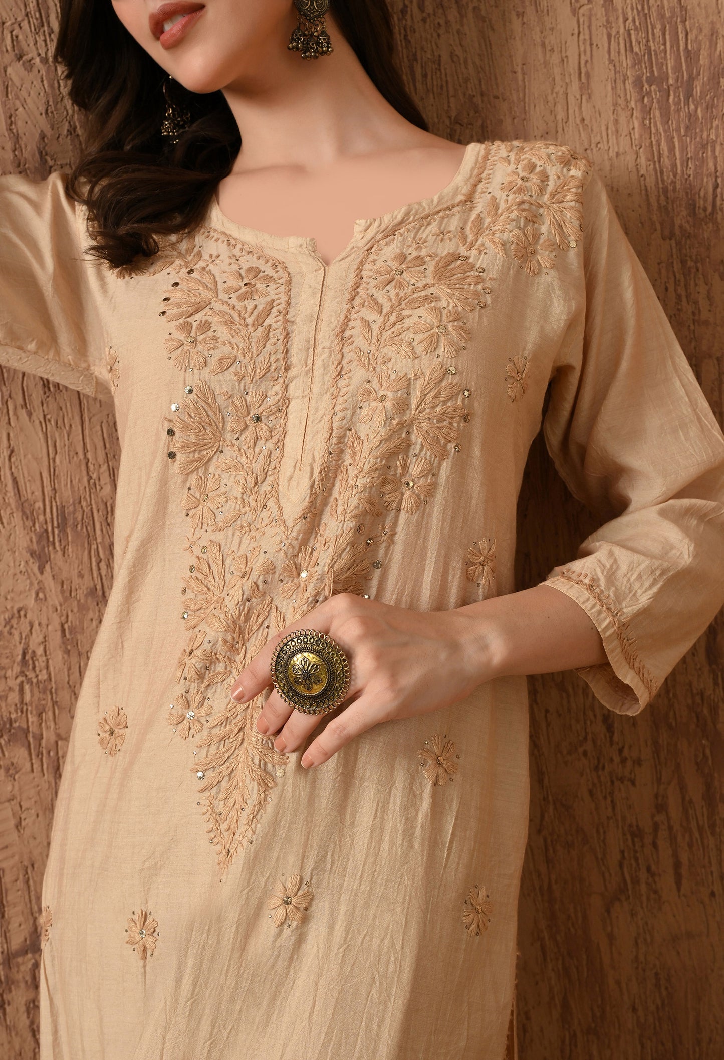 Anam chanderi silk chikankari set with Palazzo