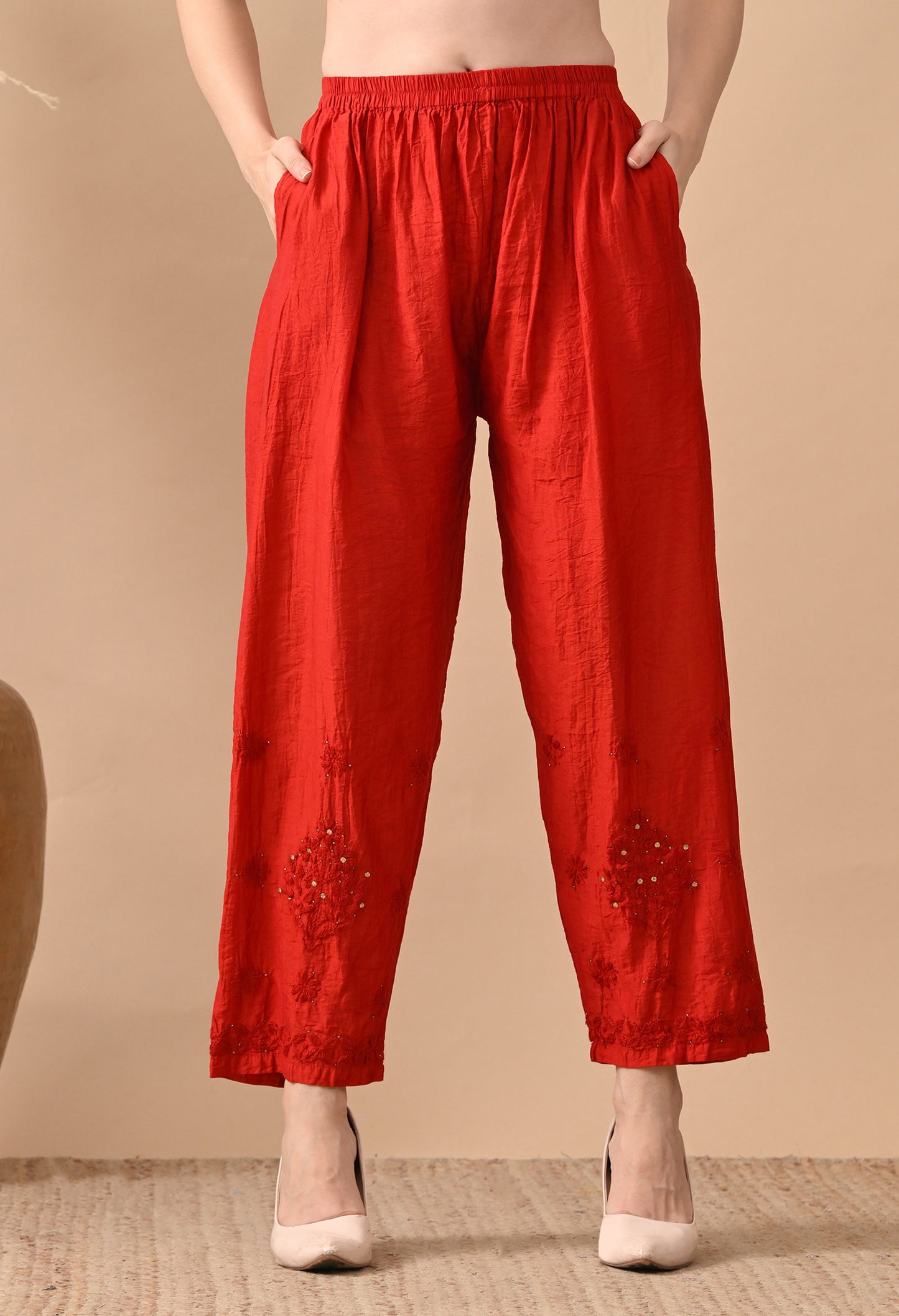 Anam chanderi silk chikankari set with pants