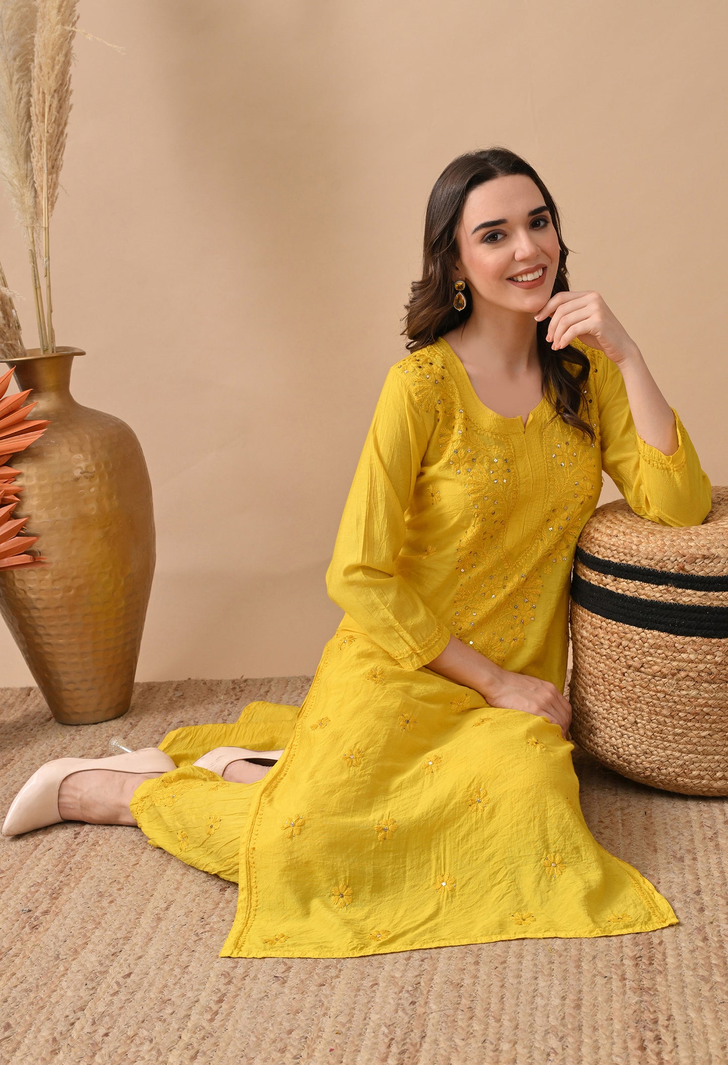 Anam Chanderi silk chikankari set with Palazzo