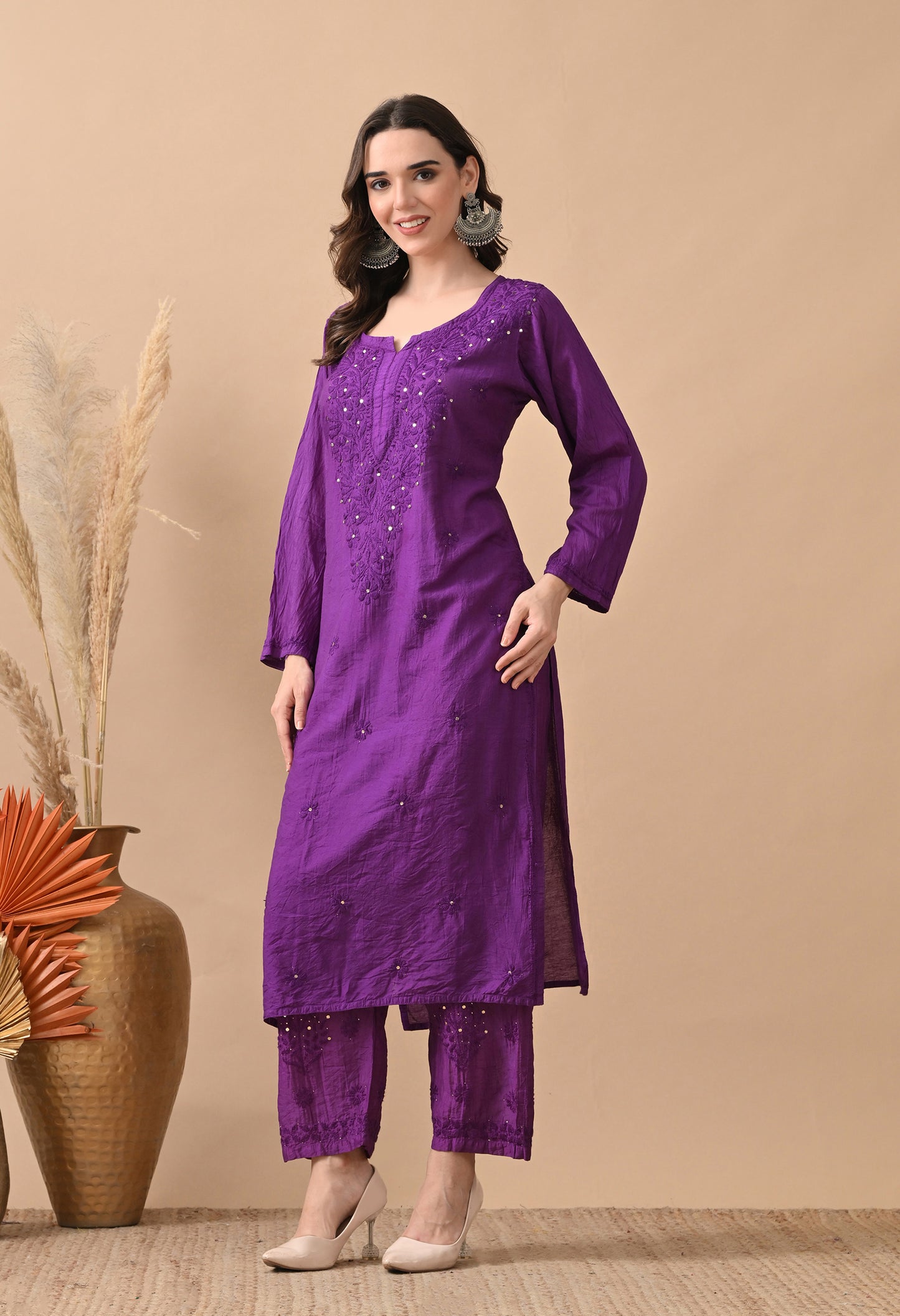 Anam Chanderi Silk Chikankari Kurti with Mukaish detailing