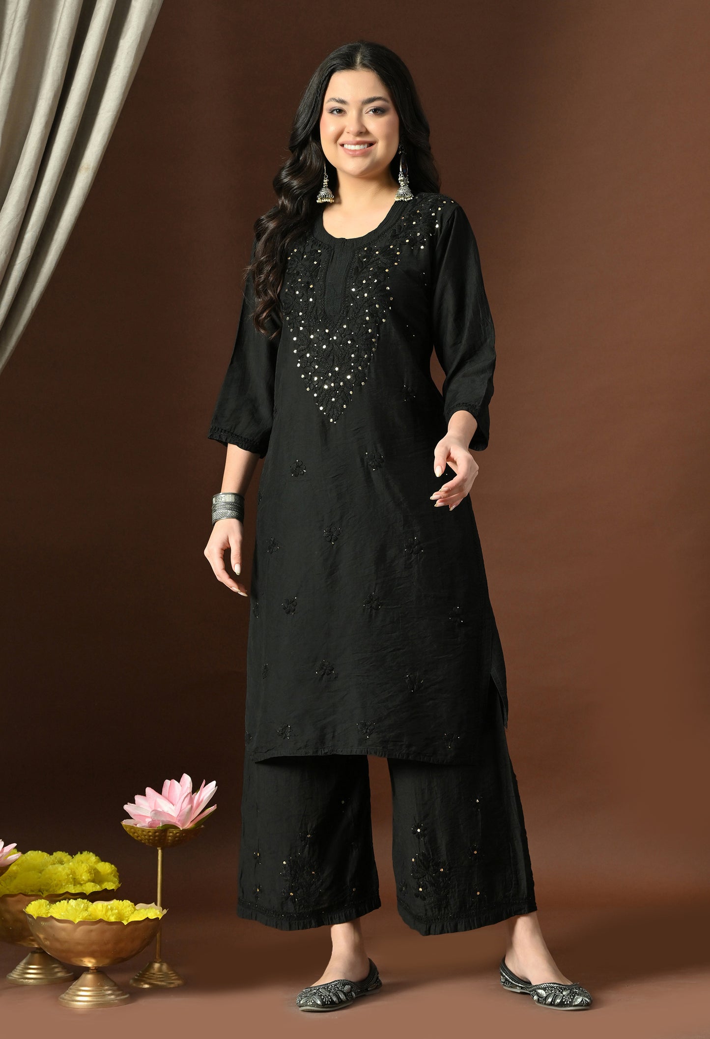 Anam Chanderi Silk chikankari set with Palazzo