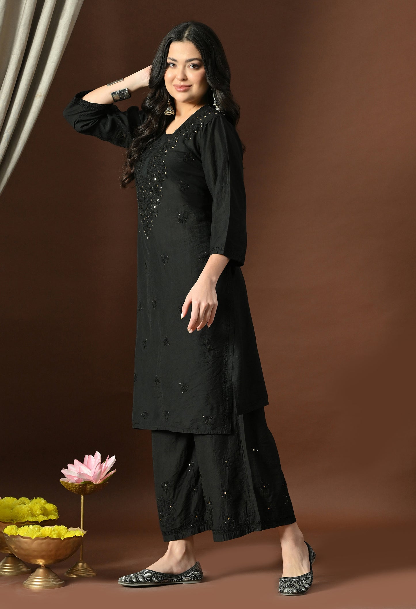 Anam Chanderi Silk chikankari set with Palazzo