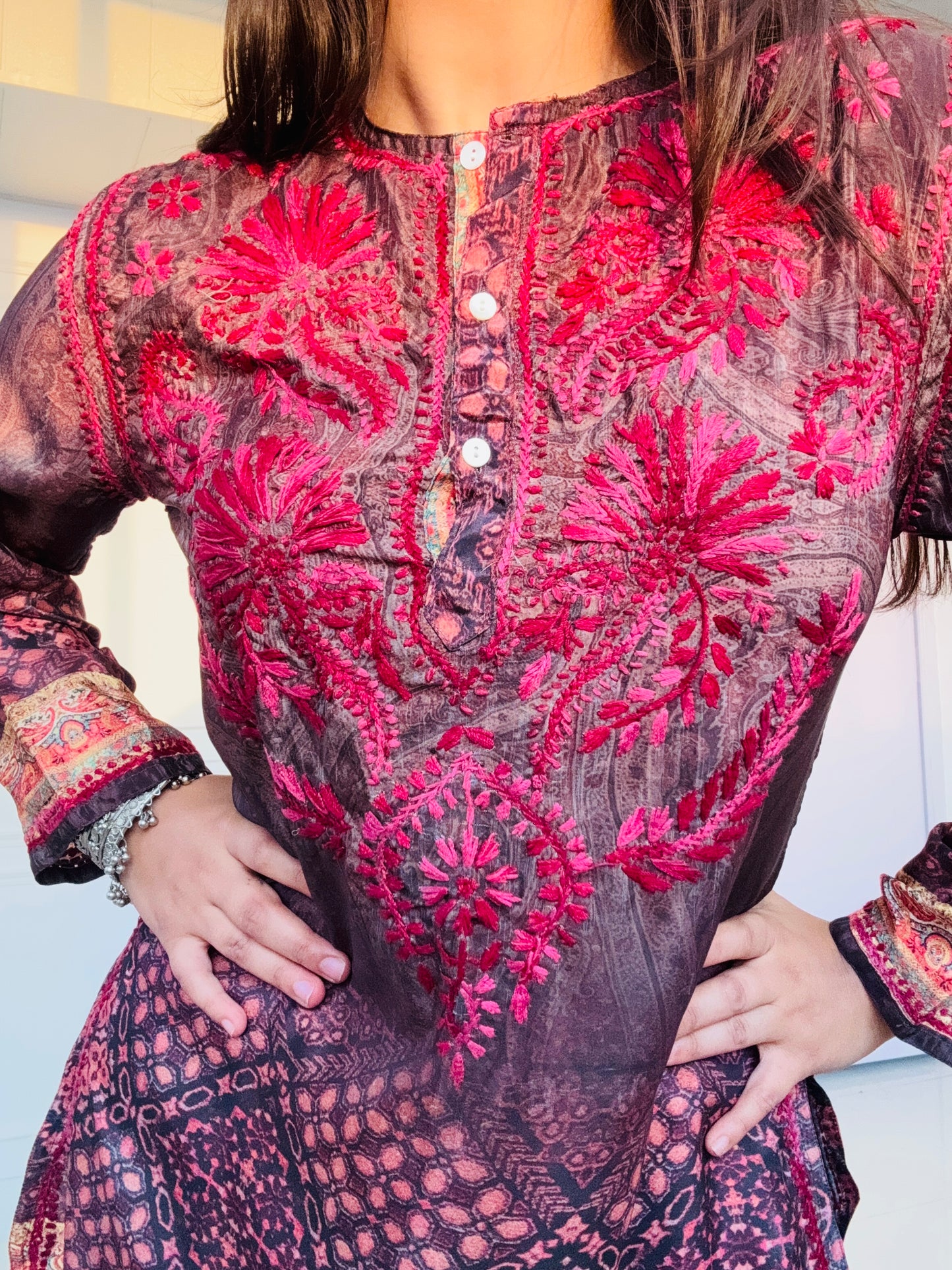 Aira Poly Silk Short Chikankari Kurti