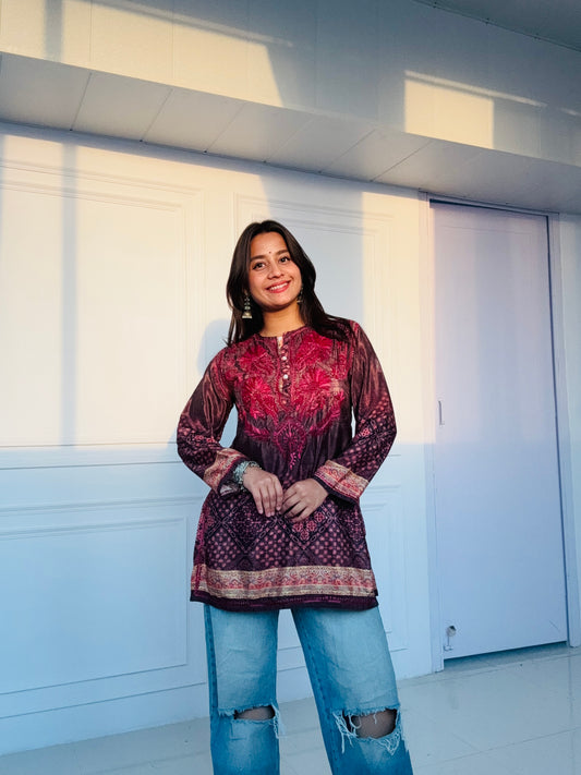 Aira Poly Silk Short Chikankari Kurti